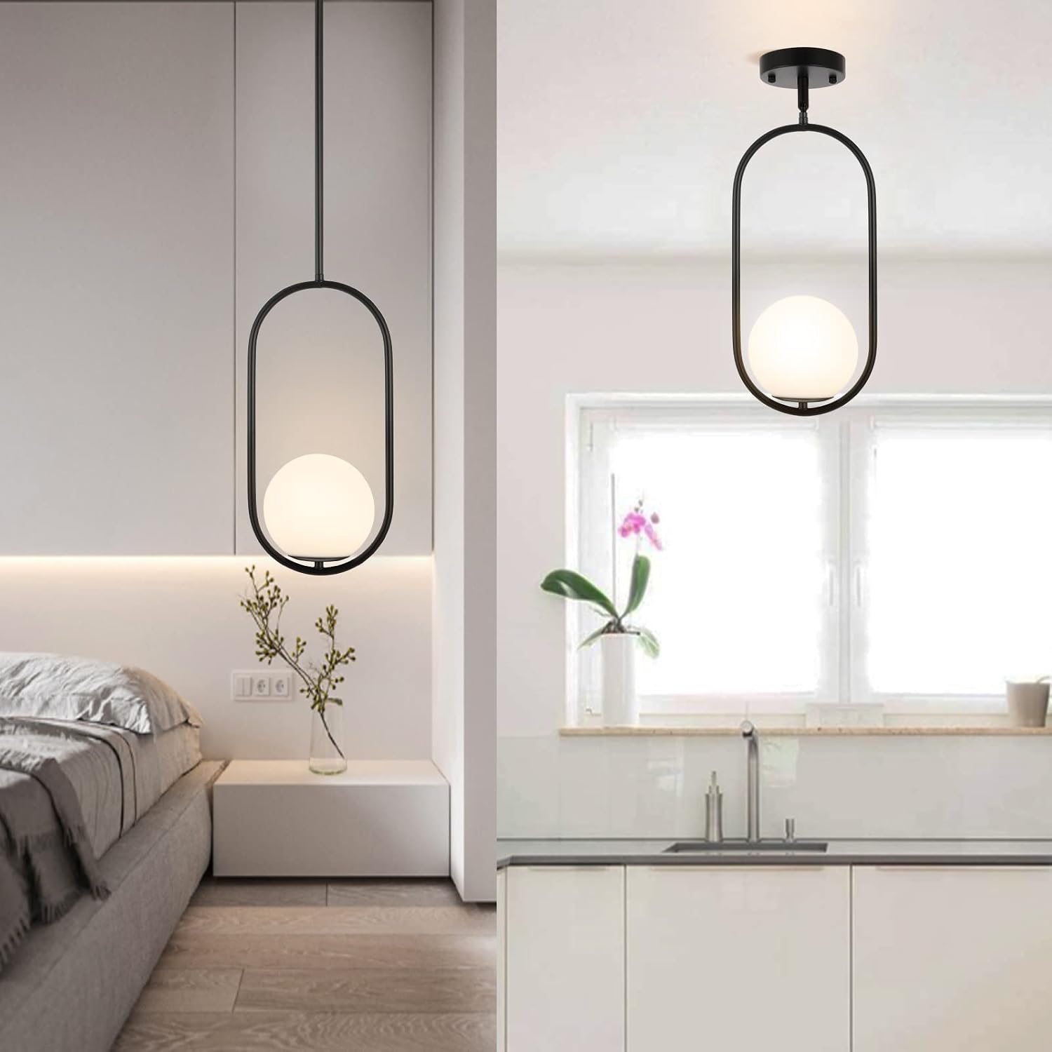 BYOLIIMA Modern Globe Pendant Light Mid Century Chandelier 1-Light Matte Black Ceiling Hanging Lighting Fixture with White Globe Glass Lampshade for Kitchen Island Dining Room Bedroom (2 Pack)