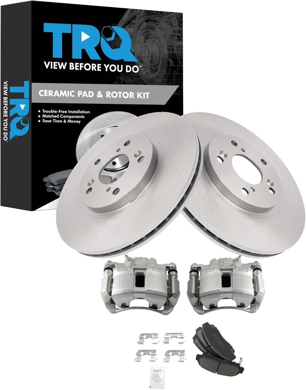TRQ Front Brake Pad and Rotor Set Ceramic Vented Rotors Calipers Compatible with 2003-2007 Honda Accord