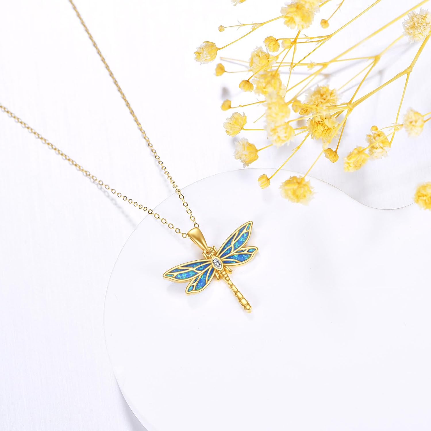 DOVRAN Real Solid Gold Birthstone Butterfly/Dragonfly/Bee/Hummingbird Necklace for Women Yellow Gold Animal Pendant for Christmas Dainty Jewelry Birthday Gifts for Mom Wife