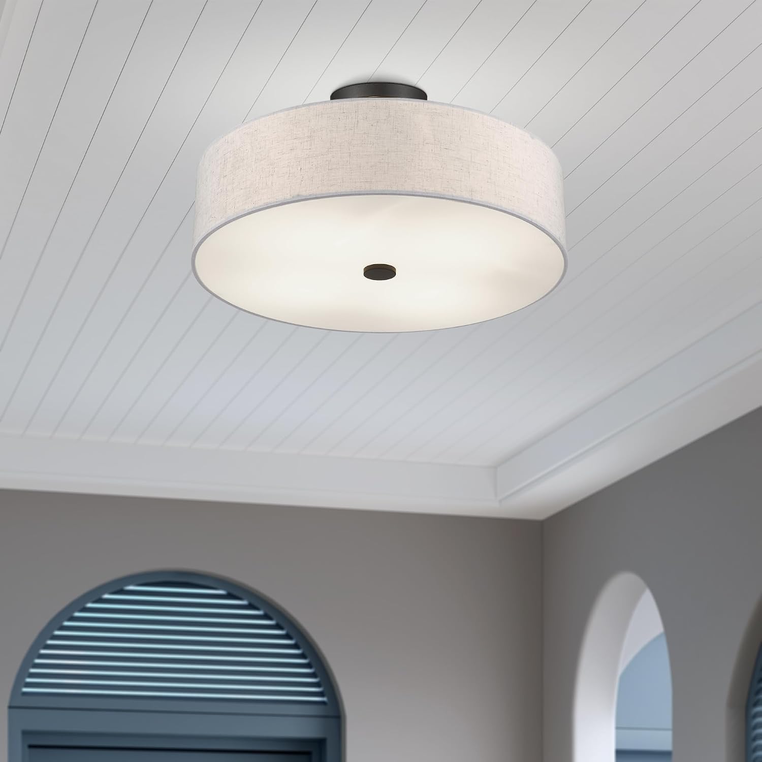 Livex Lighting 52136-92 Meridian Collection 4-Light Transitional Ceiling Mount Fixture with Oatmeal Color Fabric Hardback Shade, English Bronze