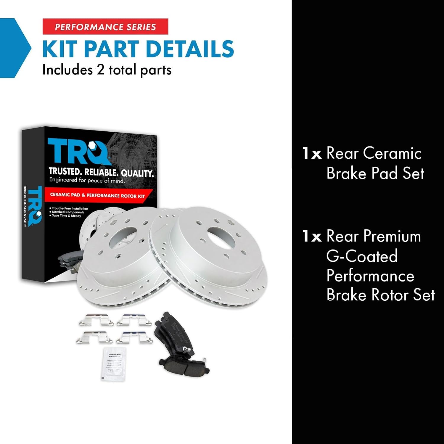 TRQ Performance Rear Brake Pad and Rotor Set Ceramic Drilled Slotted G Coated Rotors Compatible with 2005-2019 Nissan Frontier 2005-2015 Xterra 2009-2012 Suzuki Equator