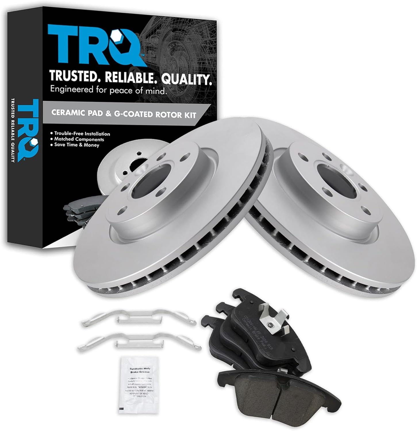TRQ Front Brake Pad and Rotor Set Ceramic Coated Rotors Compatible with 2012-2015 Land Rover Range Rover Evoque 2008-2018 Volvo S60 V60 2007-2016 S80 2008-2016 V70 XC70