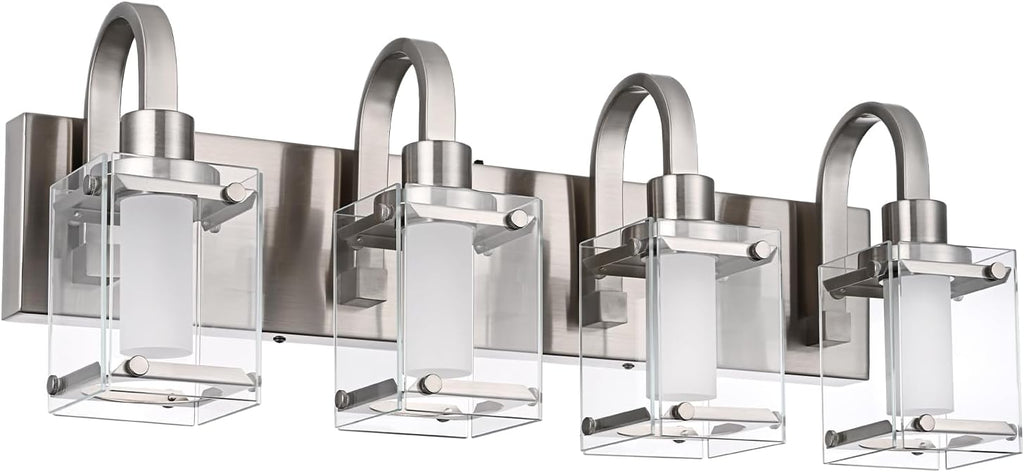 TODOLUZ 4-Light Bathroom Vanity Light,Brushed Nickel LED Modern Wall Light with 5 Color Modes LED Bathroom Light Fixture with Frosted Column and Clear Glass Shade Vanity Lights