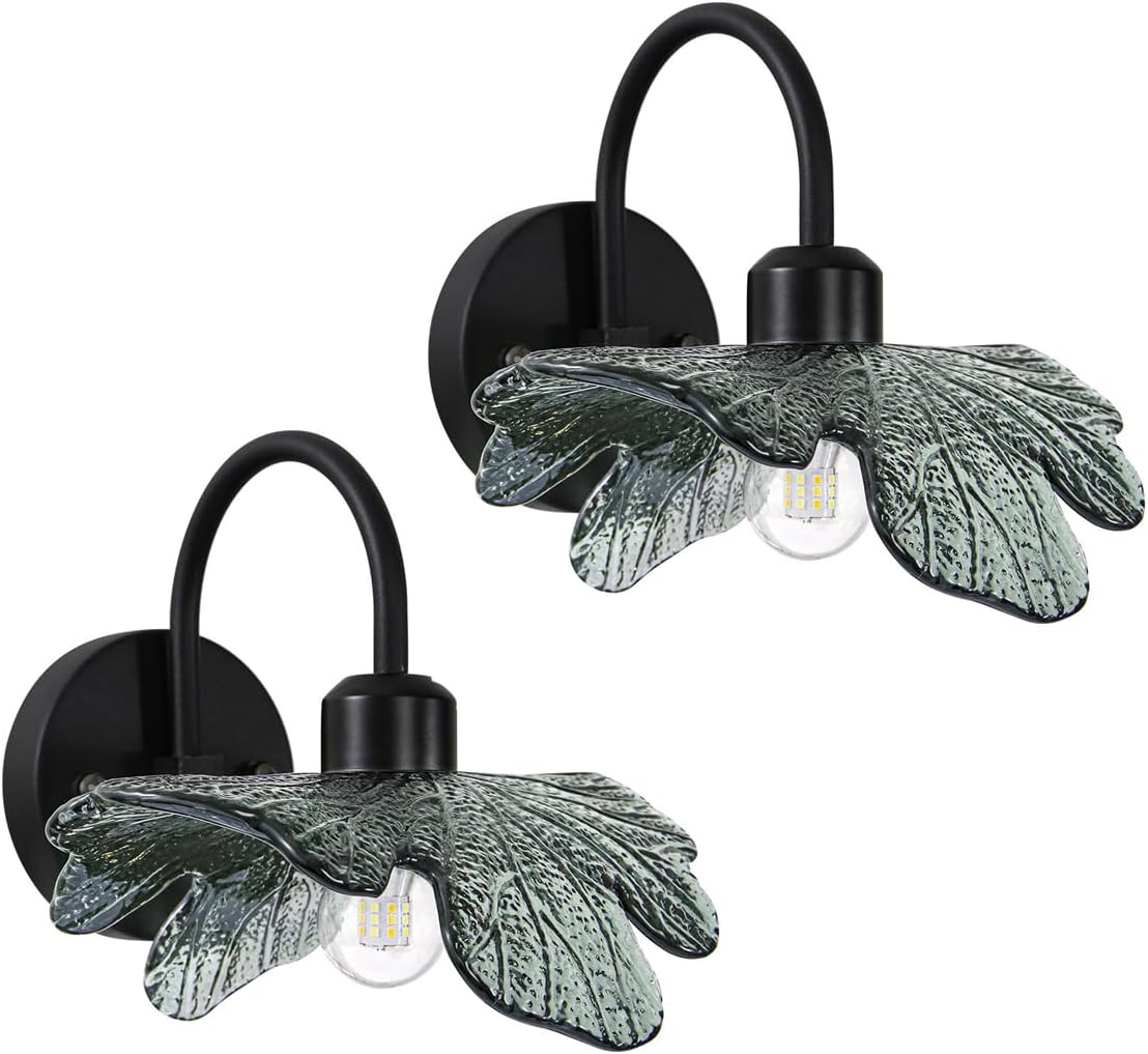 Black Bathroom Vanity Light Vintage Wall Sconce Black Wall Lamp Sconces Wall Decor Set of 2 with Dark Green Glass Shade Vanity Lighting Fixture Over Mirror for Bedroom Hallway Living Room
