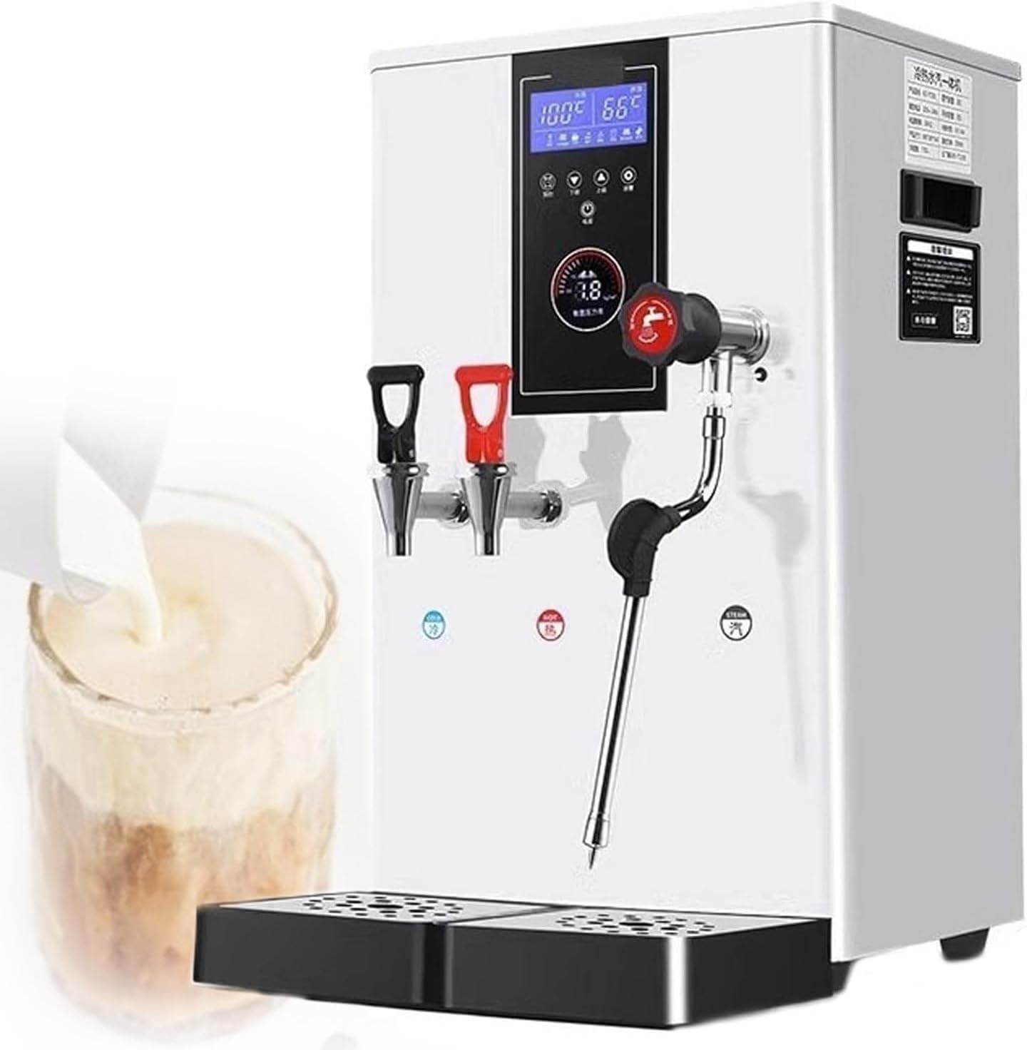 Commercial Grade Milk Frother and Hot Water Dispenser,304 Stainless Steel Inner Tank,Auto Pressure Relief,Anti-Scald Handles,LED Temperature Display,50l/H High Efficiency for Professional Use White