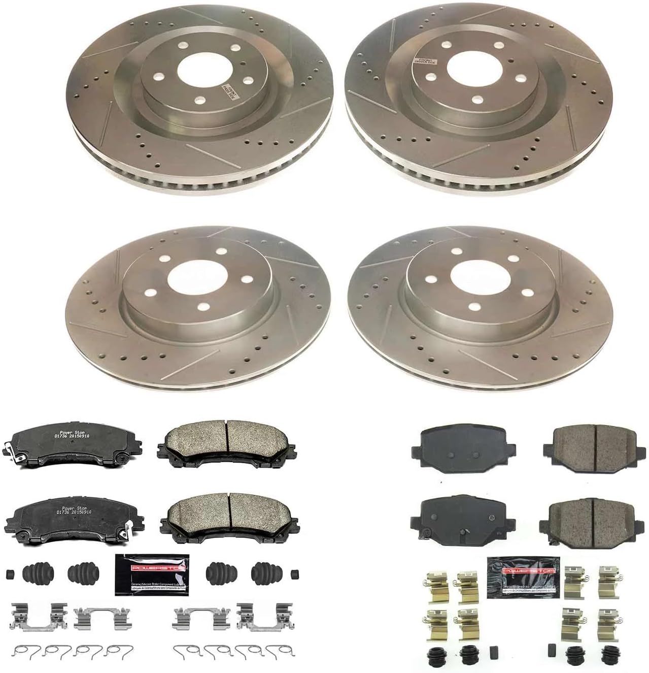 PowerStop Front and Rear Brake Kit for Infiniti QX50 2019-24 | Infiniti QX55 2022-25 - Drilled and Slotted Disc Rotors with Carbon-Fiber Ceramic Brake Pads Replacement, K8451