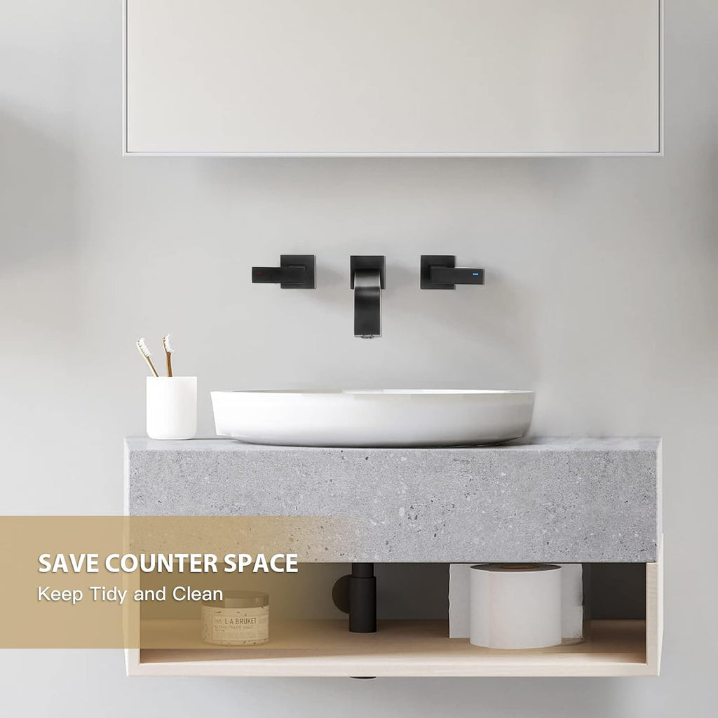 Brass Wall Mount Bathroom Faucet,Matte Black Wall Mounted Vessel Sink Faucet with Dual Lever Handles,Widespread 3 Holes Wall Faucet for Vanity Lavatory Sink,Rough in Valve
