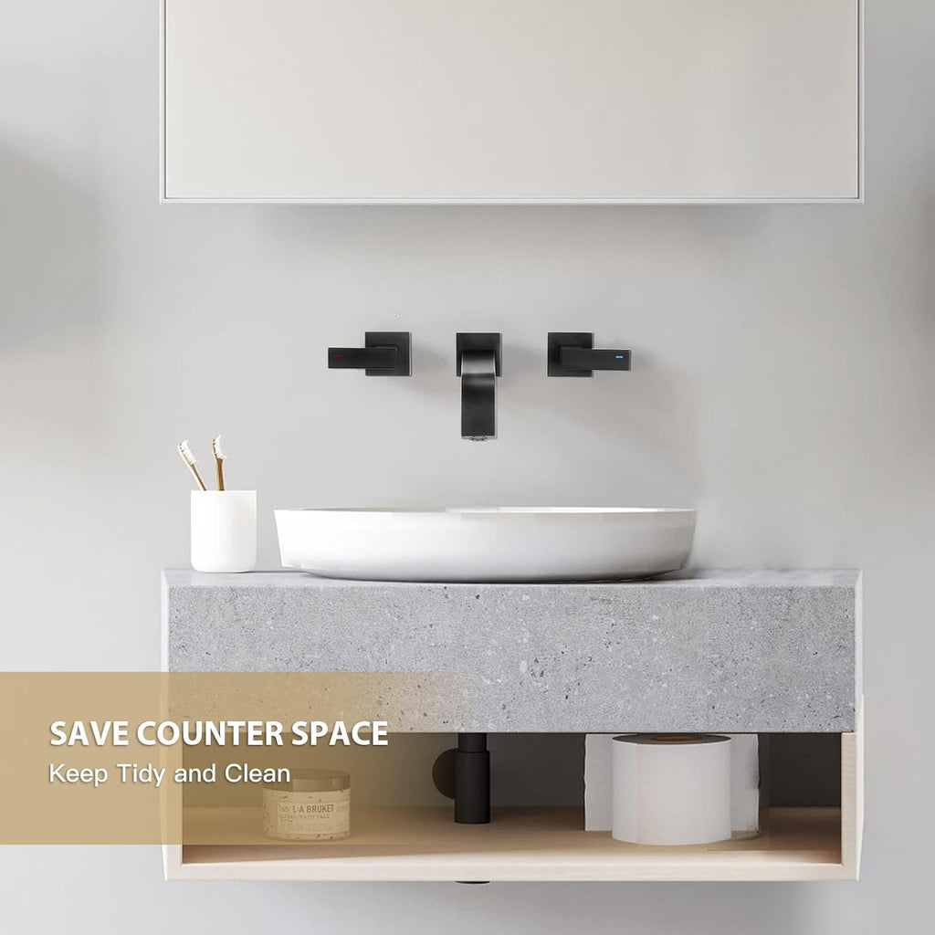 Brass Wall Mount Bathroom Faucet,Wall Mounted Vessel Sink Faucet with Dual Lever Handles,Widespread 3 Holes Wall Faucet for Vanity Lavatory Sink,Pop Up with Overflow Drain Assembly Included