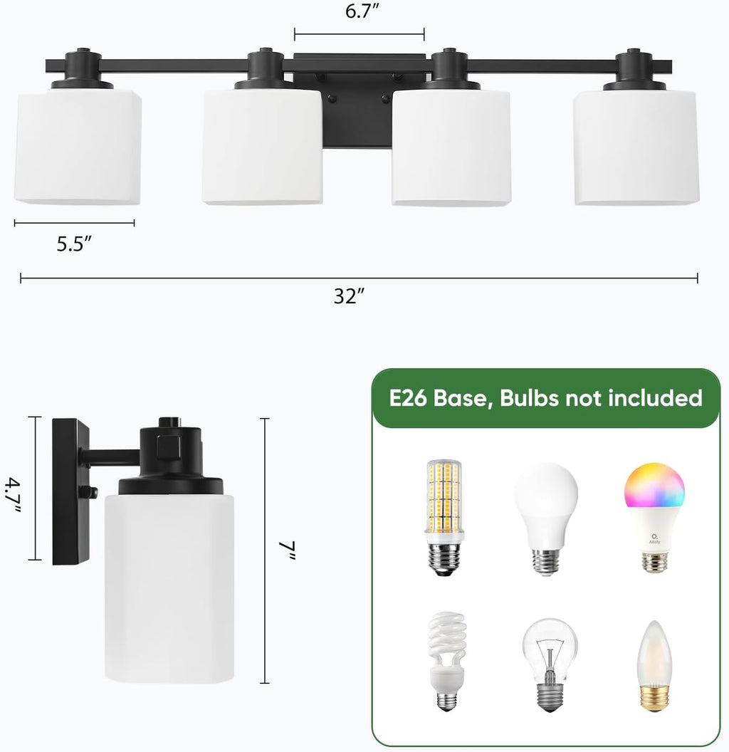 32 Inch Matte Black Bathroom Light Fixtures Over Mirror 4 Light Bathroom Vanity Light Milk Glass Makeup Shower Lamp Small Farmhouse Wall Sconce Modern Desk Vintage Rustic Bath Sink Lighting