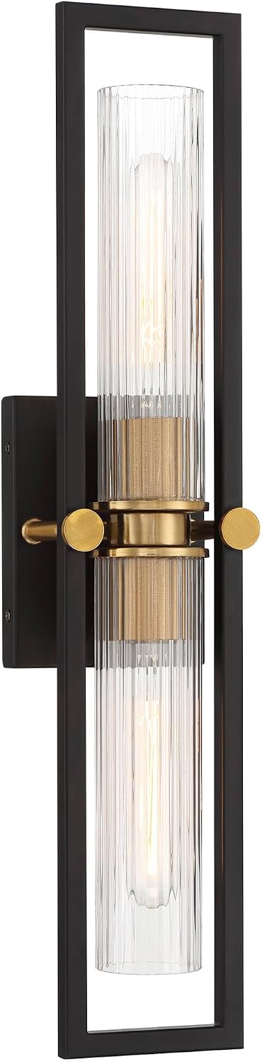 Stiffel Ramos 24' High Modern Art Deco 2 Light Wall Sconce Light Lamp Fixture Mount Bathroom Bedroom Bedside Living Room Hardwired Cordless Matte Black Antique Brass Glass Shade Indoor Kitchen