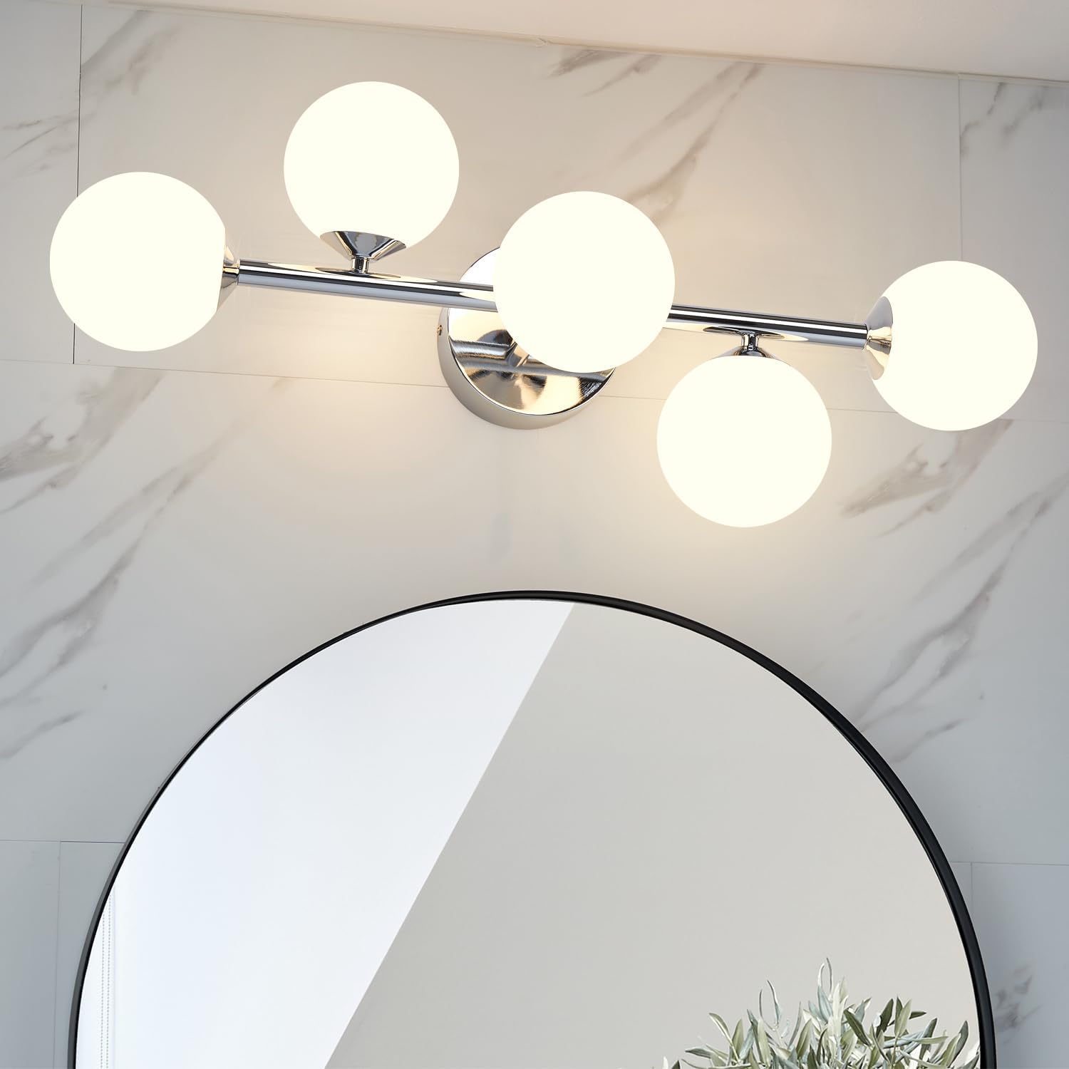 Mid Century Modern Bathroom Vanity Lights - 5-Light Chrome Dimmable LED Fixtures with Frosted Milk Glass, Wall Sconces Included