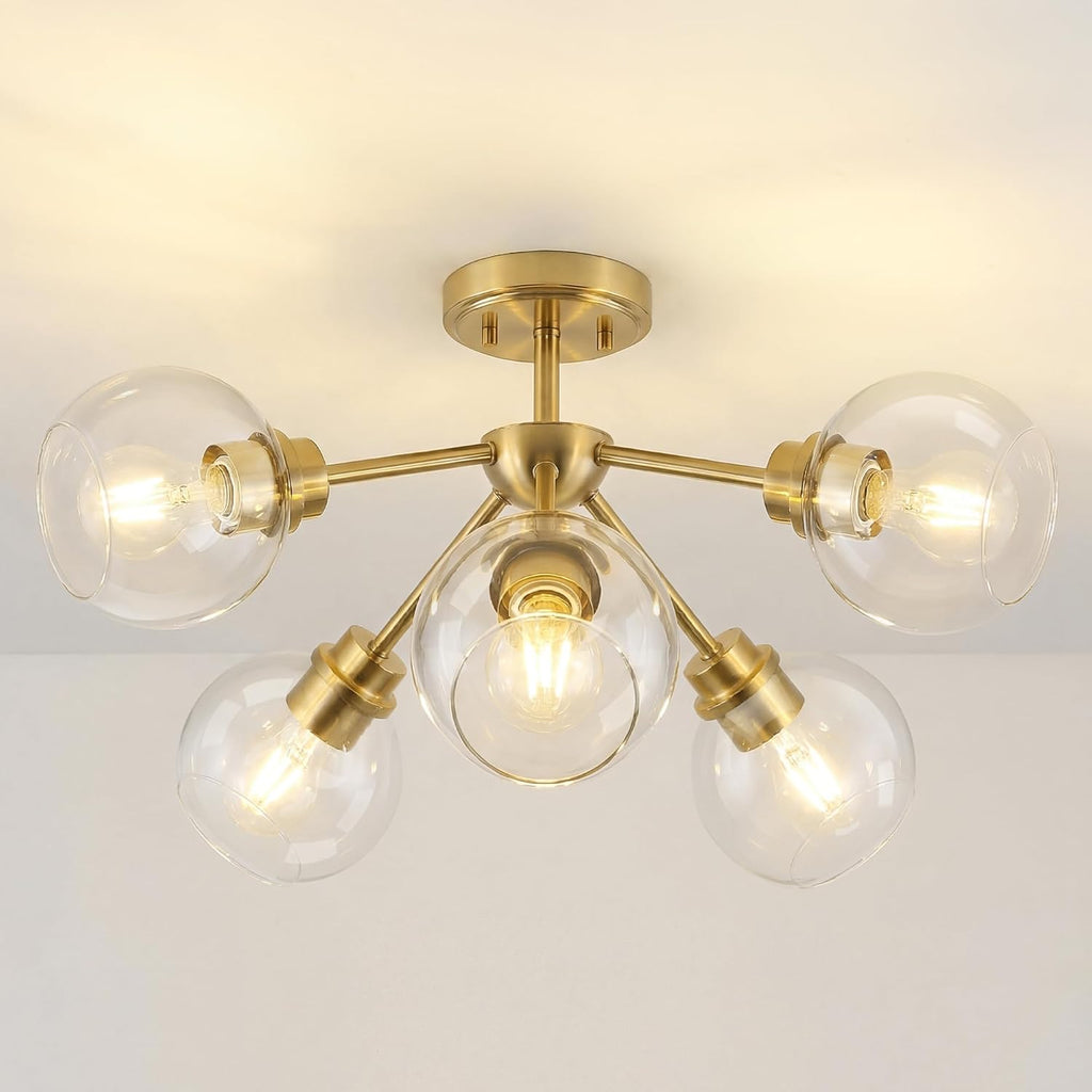 6-Light Semi Flush Mount Ceiling Light, 22' Modern Light Fixtures Ceiling Mount with Globe Clear Glass Shade, Brushed Gold Light Fixtures for Kitchen Entryway Bedroom, SM195-BG-6