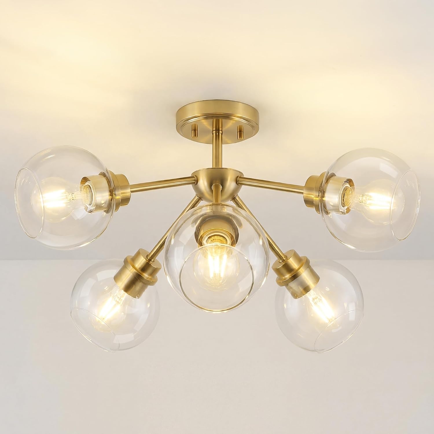 6-Light Semi Flush Mount Ceiling Light, 22' Modern Light Fixtures Ceiling Mount with Globe Clear Glass Shade, Brushed Gold Light Fixtures for Kitchen Entryway Bedroom, SM195-BG-6