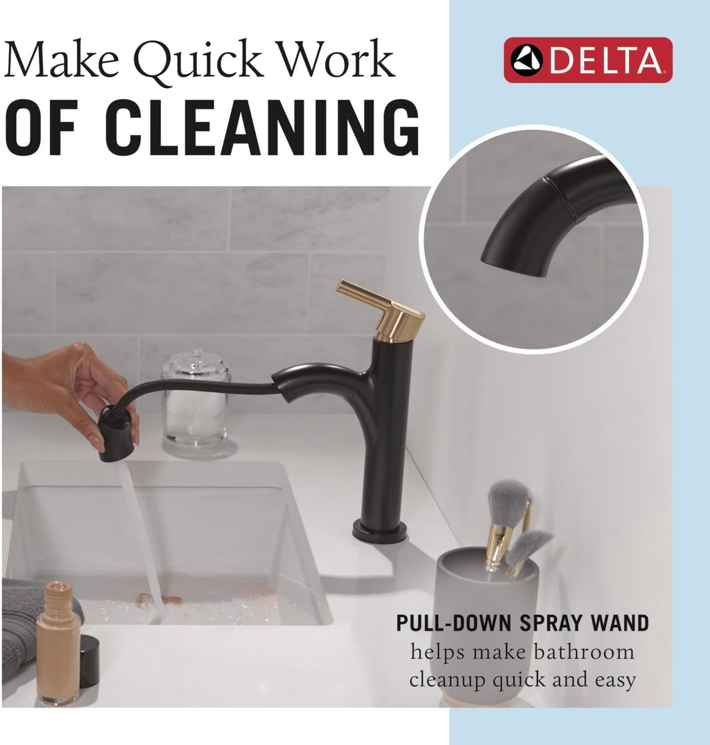 Delta Nicoli 1 Hole Matte Black/Brushed Gold Bathroom Faucet with Sprayer, Single Hole Bathroom Sink Faucet with Pull Out Sprayer for Vanity, Push-Pop Drain, Matte Black/Champagne Bronze 15749LF-GZPD