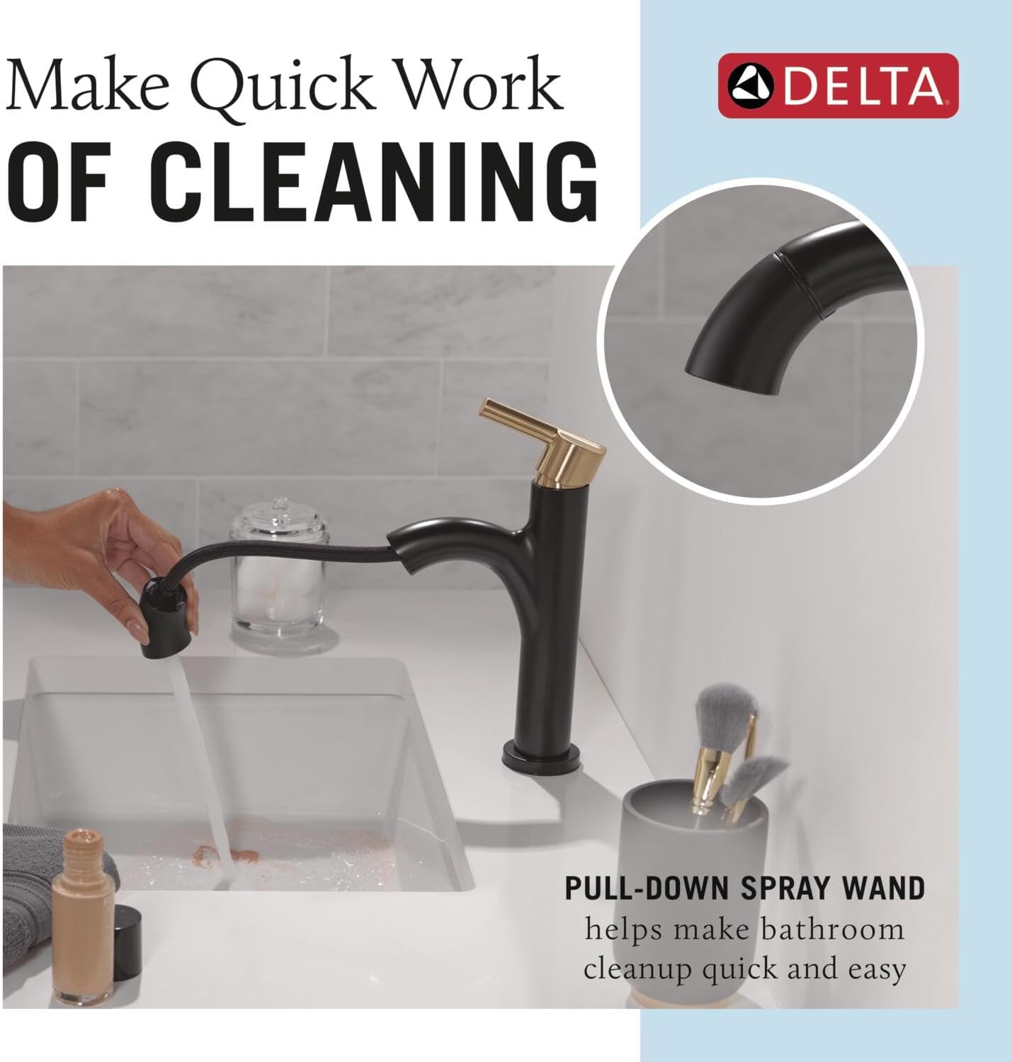 Delta Nicoli 1 Hole Matte Black/Brushed Gold Bathroom Faucet with Sprayer, Single Hole Bathroom Sink Faucet with Pull Out Sprayer for Vanity, Push-Pop Drain, Matte Black/Champagne Bronze 15749LF-GZPD