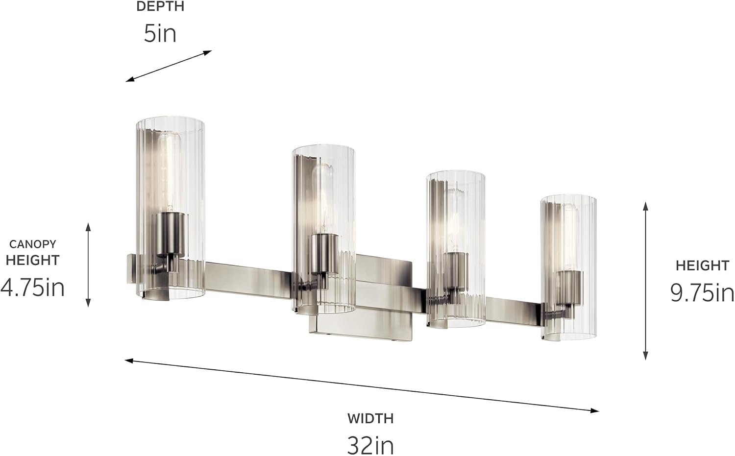 Kichler Jemsa 4-Light Bathroom Vanity Light Fixture with Clear Fluted Glass in Brushed Nickel, Modern Wall Mount Light for Bathroom or Powder Room (9.75' x 32'), 55169NI