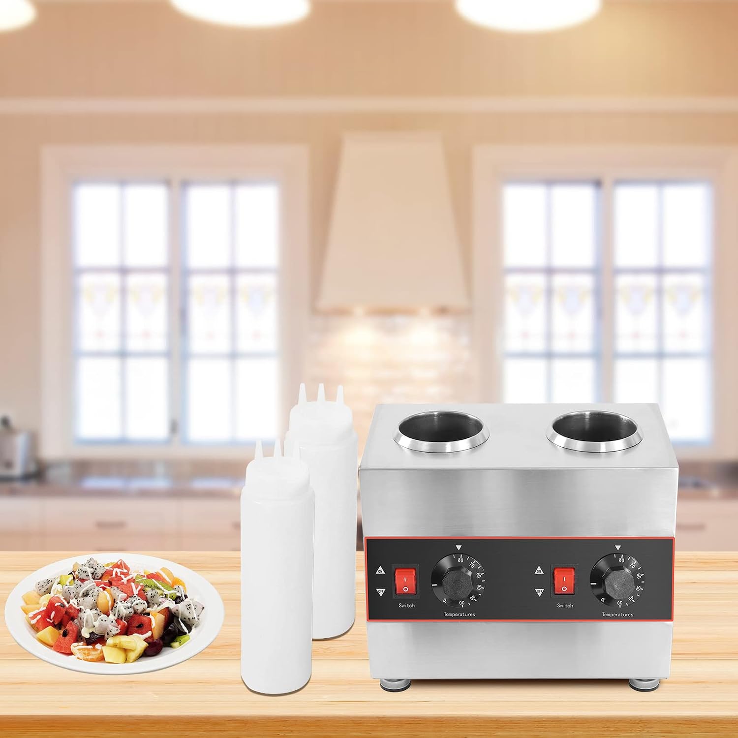 Commercial Electric Sauce Warmer Heater, 2 Grids Countertop Food Sauce Dispenser Heater, Jam Cheese Chocolate Caramel Sauce Heat Preservation Machine 86-185 ℉ 650ml (2 Bottles)