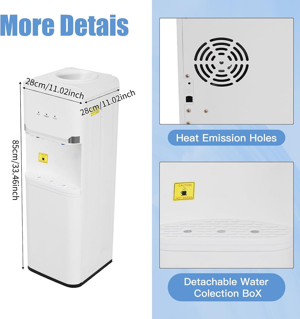 Top Loading Water Cooler Water Dispenser with Two-Tier Locker, Water Cooler Dispenser for 5 Gallon, Top Load Hot & Cold & Warm Water Dispenser (White)
