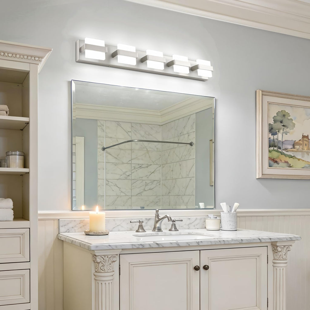SOLFART 5-Light Bathroom Vanity Lights Over Mirror,Brushed-Nickel LED Modern Vanity Lights for Bathroom, Dimmable