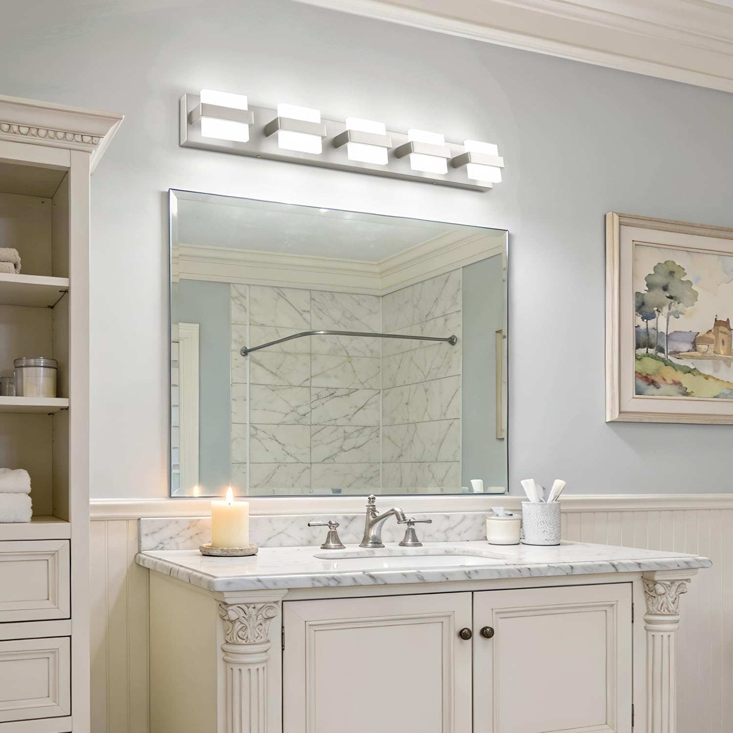 SOLFART 5-Light Bathroom Vanity Lights Over Mirror,Brushed-Nickel LED Modern Vanity Lights for Bathroom, Dimmable