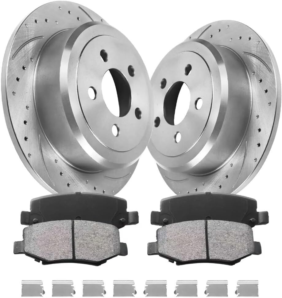 Rear Automotive Replacement Brake Kit, Drilled Slotted Rotors Kit Compatible with 2008-2012 Jeep Liberty, 2007-2011 Dodge Nitro|OE Brake Rotors and Brake Pads|316mm(12.4in)|53044 D1274-8390