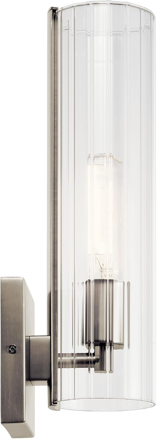 Kichler Jemsa 1 Light Wall Sconce, Modern Light with Clear Fluted Glass in Brushed Nickel for Bathroom, Powder Room, Sides of Fireplace, Down a Hallway, Kitchen, or Bedroom (14' x 4.75'), 55165NI
