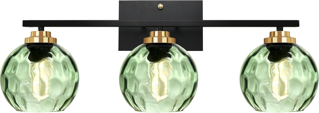 Glass Bathroom Vanity Light Matte Black Mid Century Wall Light Fixtures 3-Light 23.6 Inch Green Globe Shade Indoor Green Glass Wall Sconce for Bedroom Hallway Bedside