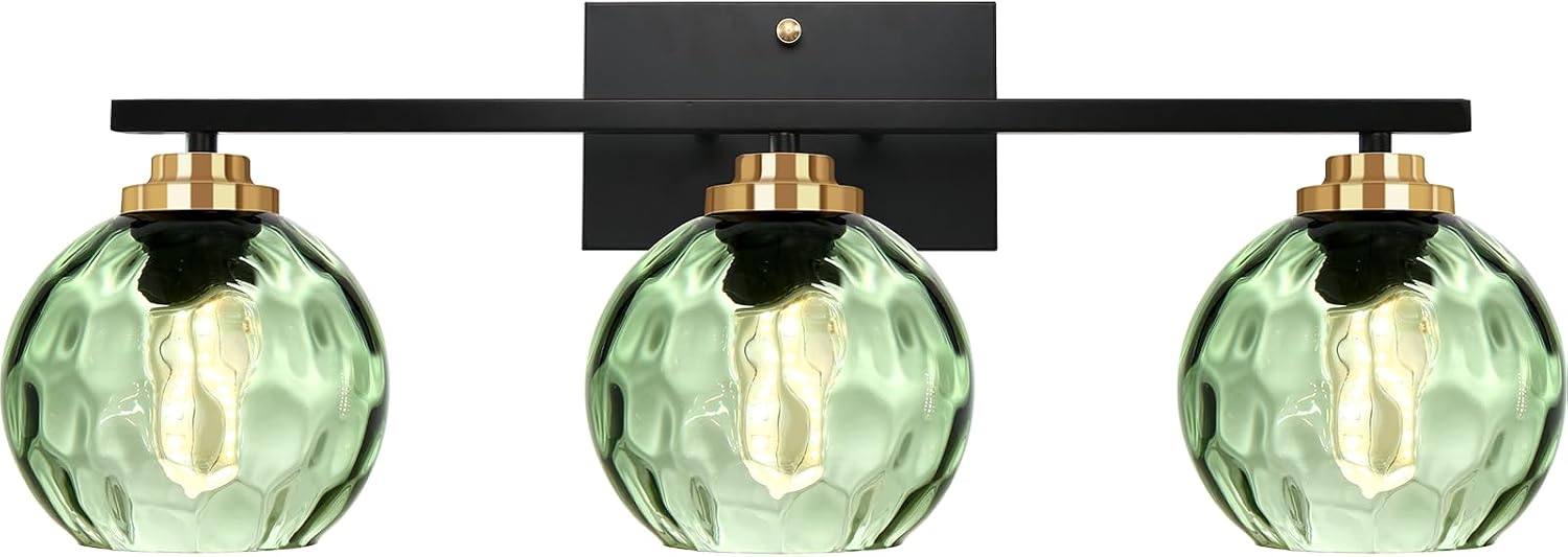 Glass Bathroom Vanity Light Matte Black Mid Century Wall Light Fixtures 3-Light 23.6 Inch Green Globe Shade Indoor Green Glass Wall Sconce for Bedroom Hallway Bedside