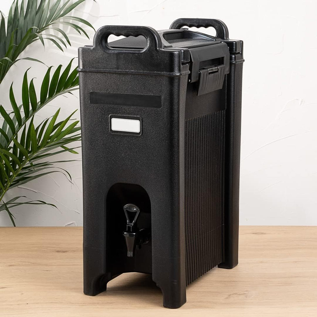 Restaurantware Cater Tek 5 Gallon Beverage Dispenser 1 Insulated Drink Dispenser - Built-In Handles For Hot and Cold Drinks Black Plastic Beverage Server Use At Parties or Restaurants