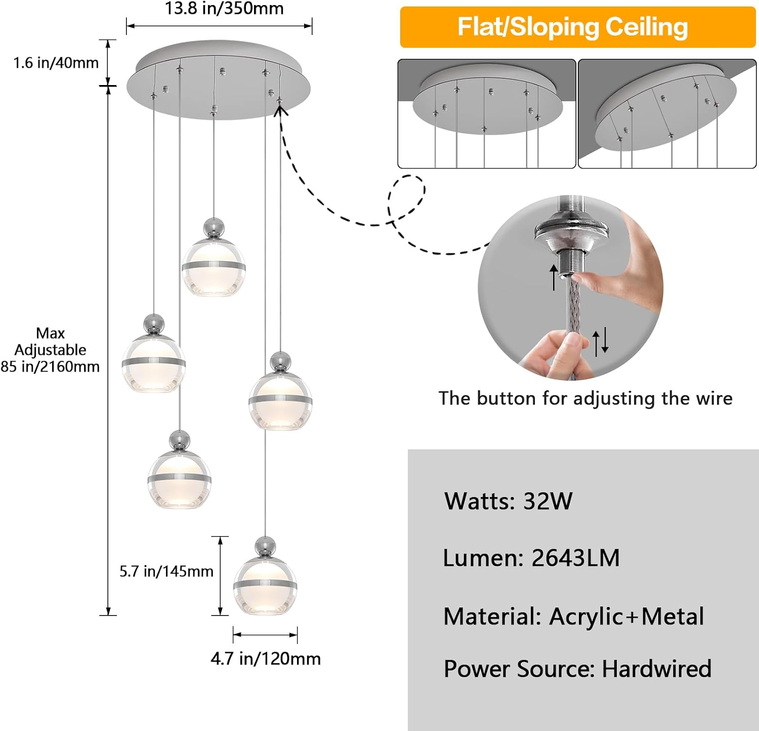 5-Light Chrome Chandelier, Modern Long Chandeliers for High Ceilings Globe Hanging Light Chandelier for Staircase Foyer Corner Living Room Entryway Dining Room 3000K