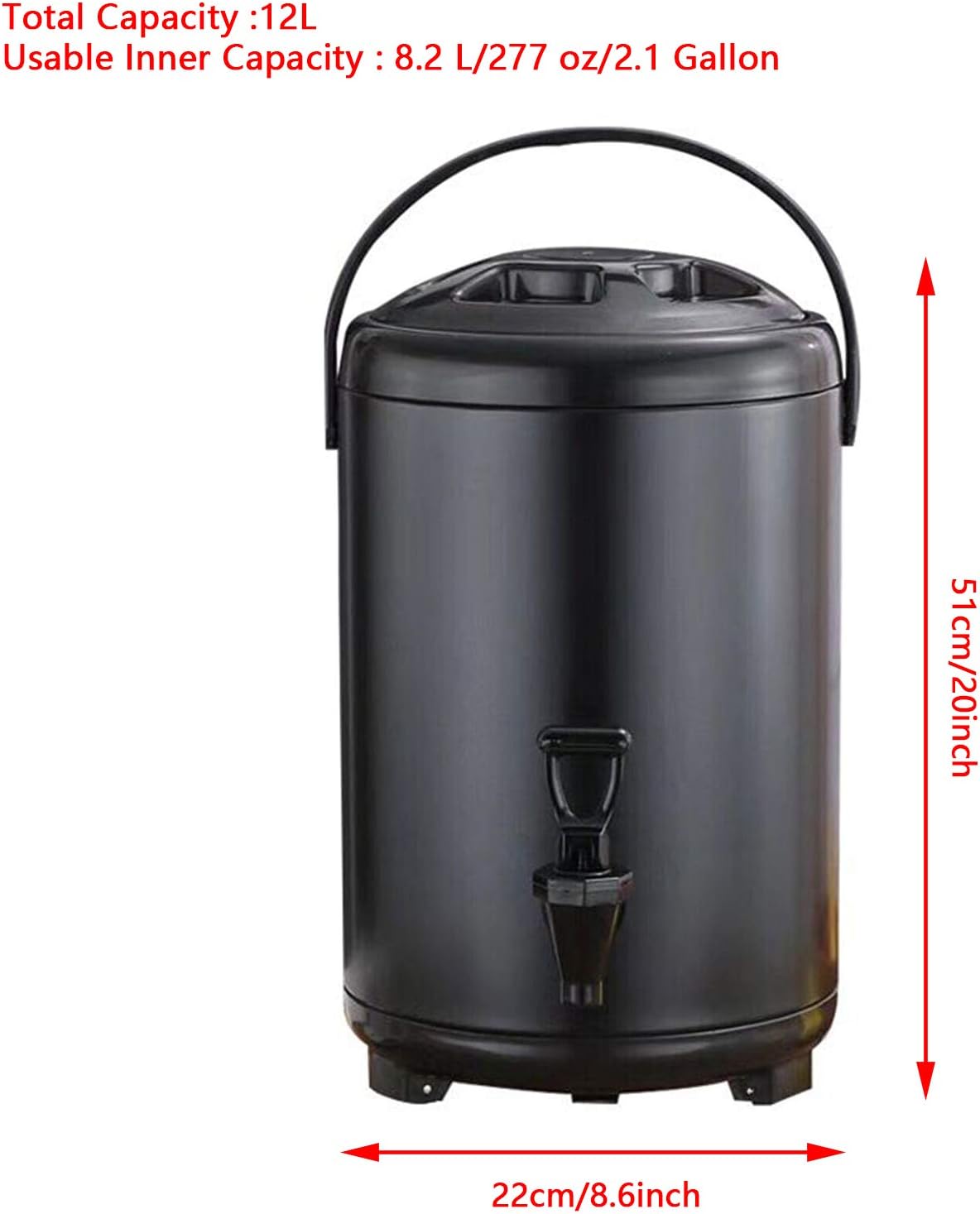 Stainless Steel Insulated Beverage Dispenser 12 Liter/3.17 Gallon with Spigot for Hot Tea & Coffee, Cold Milk, water, juice in parties, offices, Soup Family Party，weddings(Black)