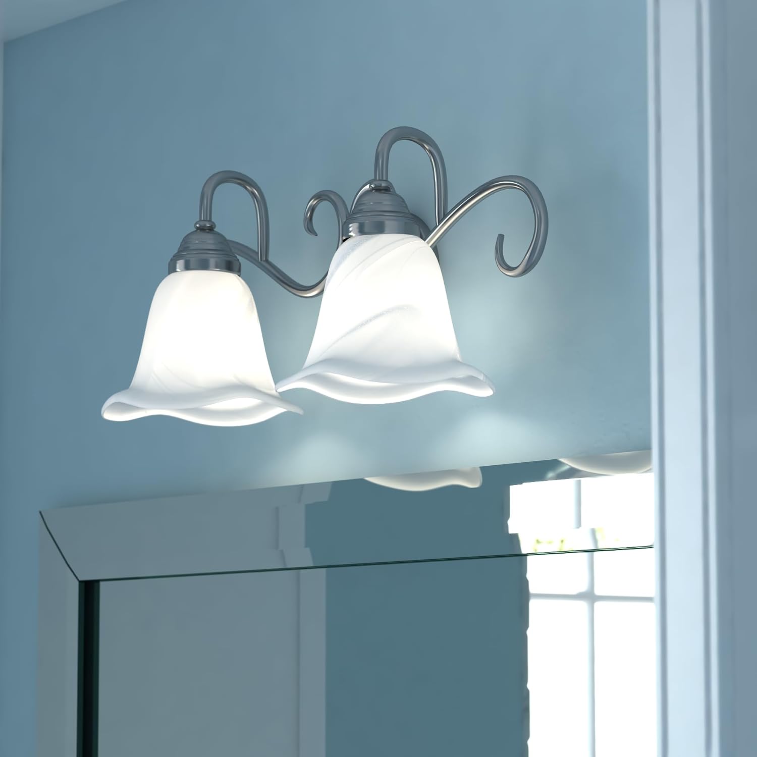 VAXCEL Bella 2-Light 19.75 inch Wide Brushed Nickel Transitional Bathroom Vanity Lighting Fixture, White Alabaster Scalloped Glass Shade, Dimmable, LED Compatible, Over The Mirror Mounted Wall Sconce