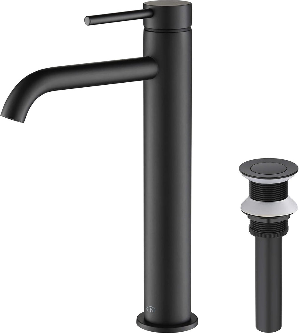KIBI Bathroom Vessel Sink Faucet, Solid Brass Single Handle Single Hole Bathroom Faucet, High Arc Modern Vanity Faucet with Pop Up Drain, Matte Black, Rust & Corrosion Resistant