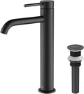 KIBI Bathroom Vessel Sink Faucet, Solid Brass Single Handle Single Hole Bathroom Faucet, High Arc Modern Vanity Faucet with Pop Up Drain, Matte Black, Rust & Corrosion Resistant