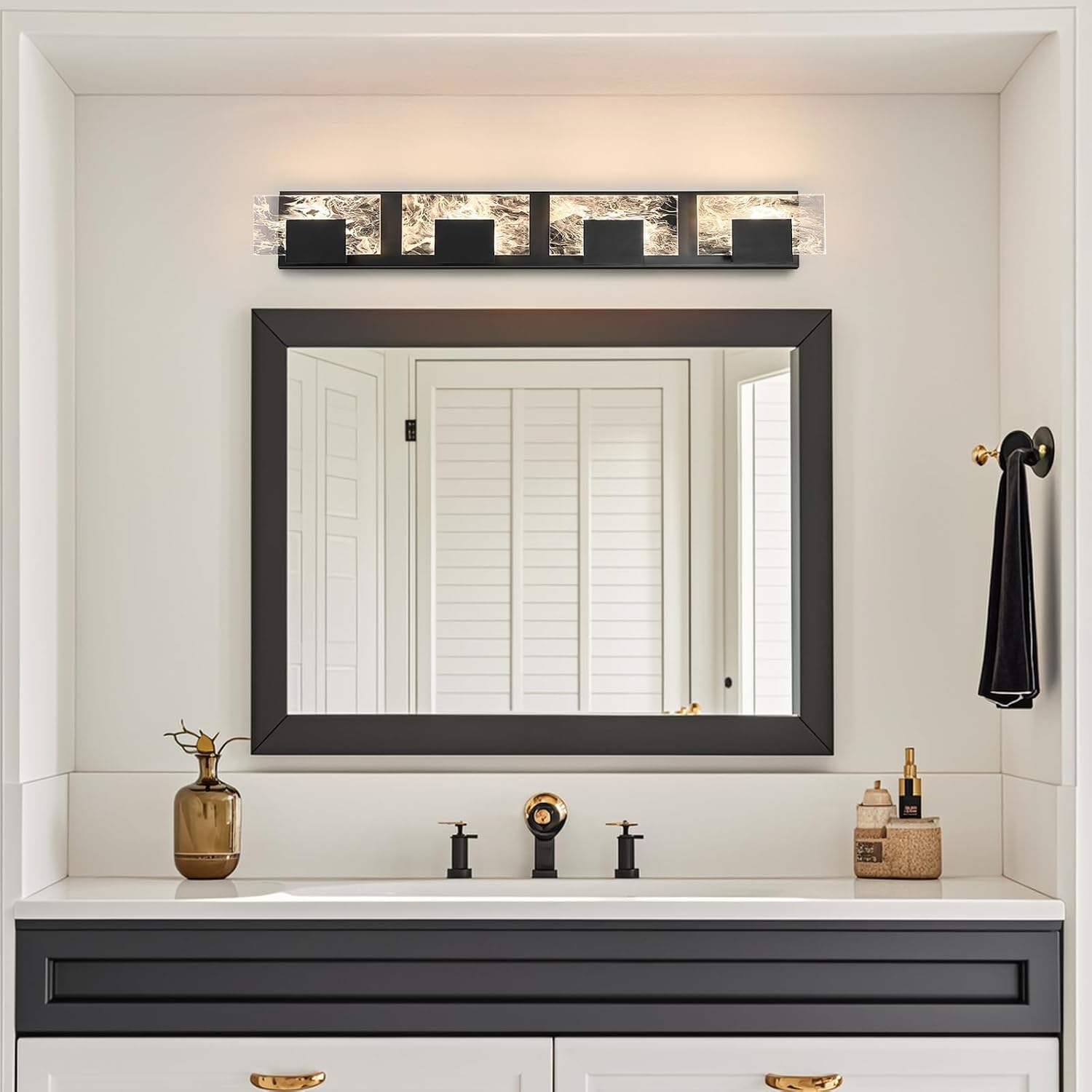 LED Bathroom Vanity Light: 32in Matte Black Acrylic Modern Lighting Fixtures - 4-Light Contemporary Smoke Design Wall Lights Fixture Over Mirror 3000K