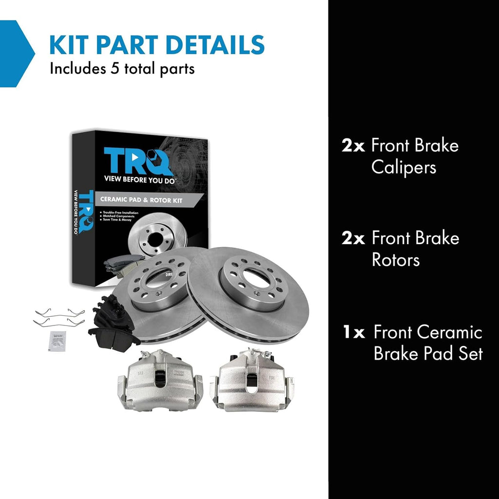 TRQ Front Brake Pad and Rotor Set Ceramic Vented Rotors Calipers Compatible with 2010 Audi A3 2012-2019 Volkswagen Beetle 2010-2014 Golf 2013 GTI 2005-2015 Jetta 2006-2009 Rabbit