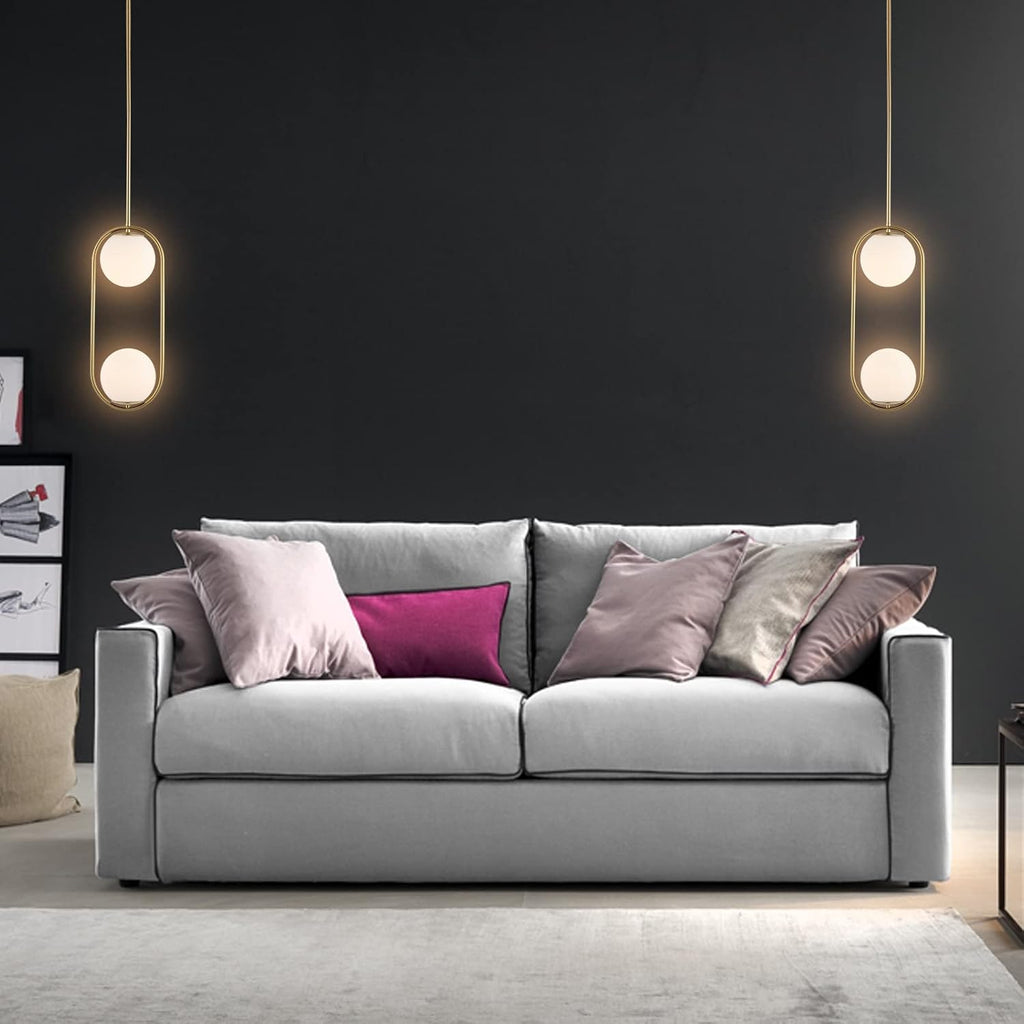 BYOLIIMA Modern Gold Globe Chandelier 2-Lights Mid Century Pendant Light Brushed Brass Ceiling Hanging Lighting Fixture with White Globe Glass Lampshade for Kitchen Island Dining Room Bedroom