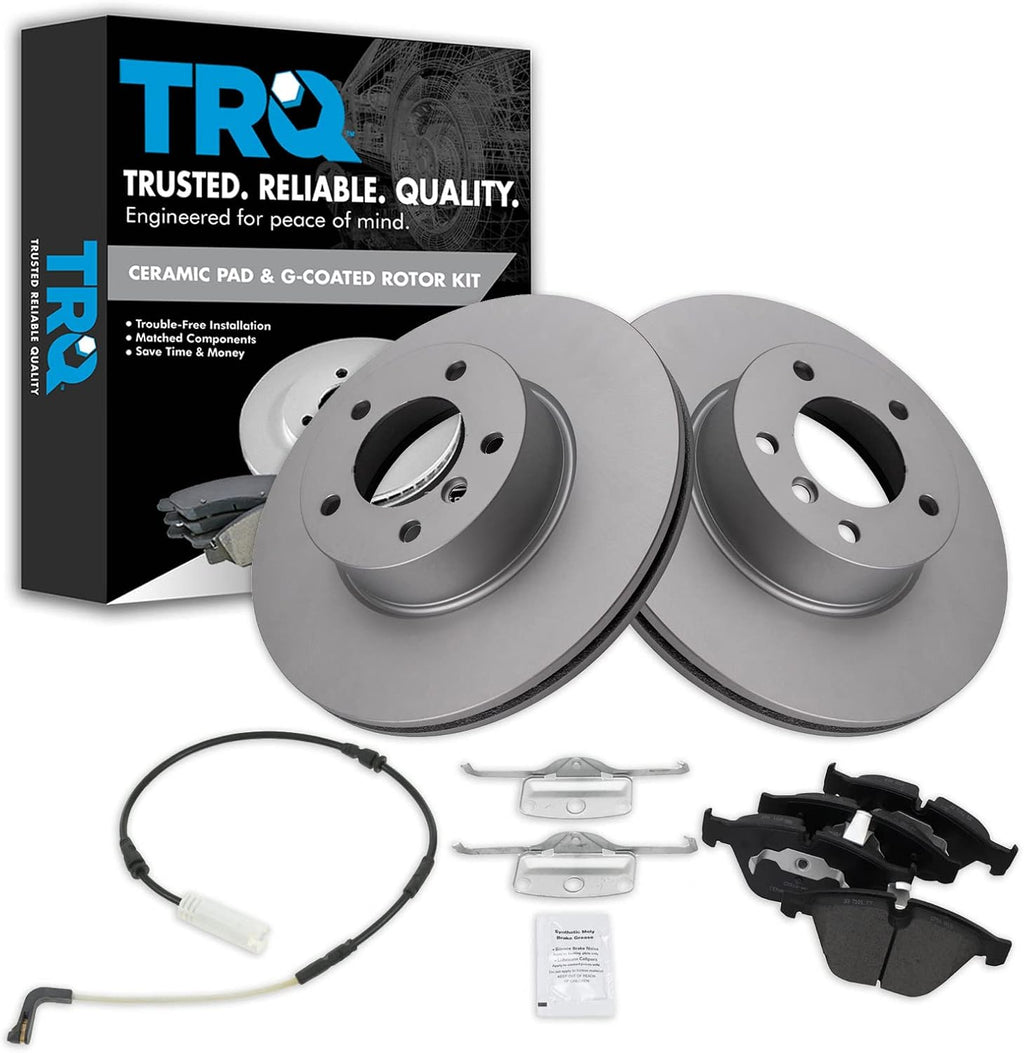 TRQ Front Brake Pad and Rotor Set Ceramic G Coated Vented Rotors Wear Sensor Compatible with 2007-2010 BMW 328i 2009-2010 328i xDrive