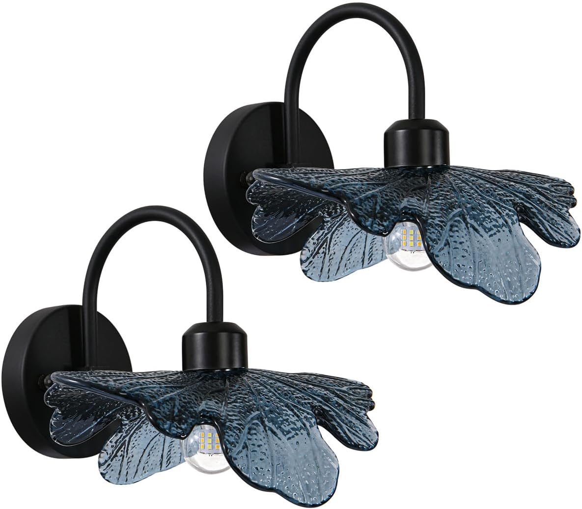 Vintage Wall Sconces Set of Two Matte Black Bathroom Vanity Light Mid Century Modern Wall Sconce Blue Glass Wall Lamp Vanity Light Over Mirror Bedroom Wall Sconces for Bedroom Living Room