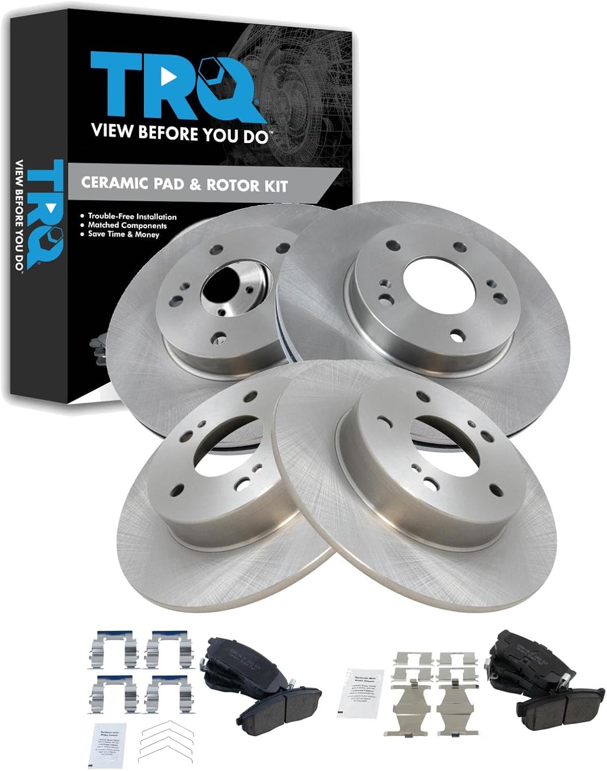 TRQ Front and Rear Brake Pad and Rotor Set Ceramic Vented Solid Rotors Compatible with 1996-1999 Infiniti I30 1994-1999 Nissan Maxima