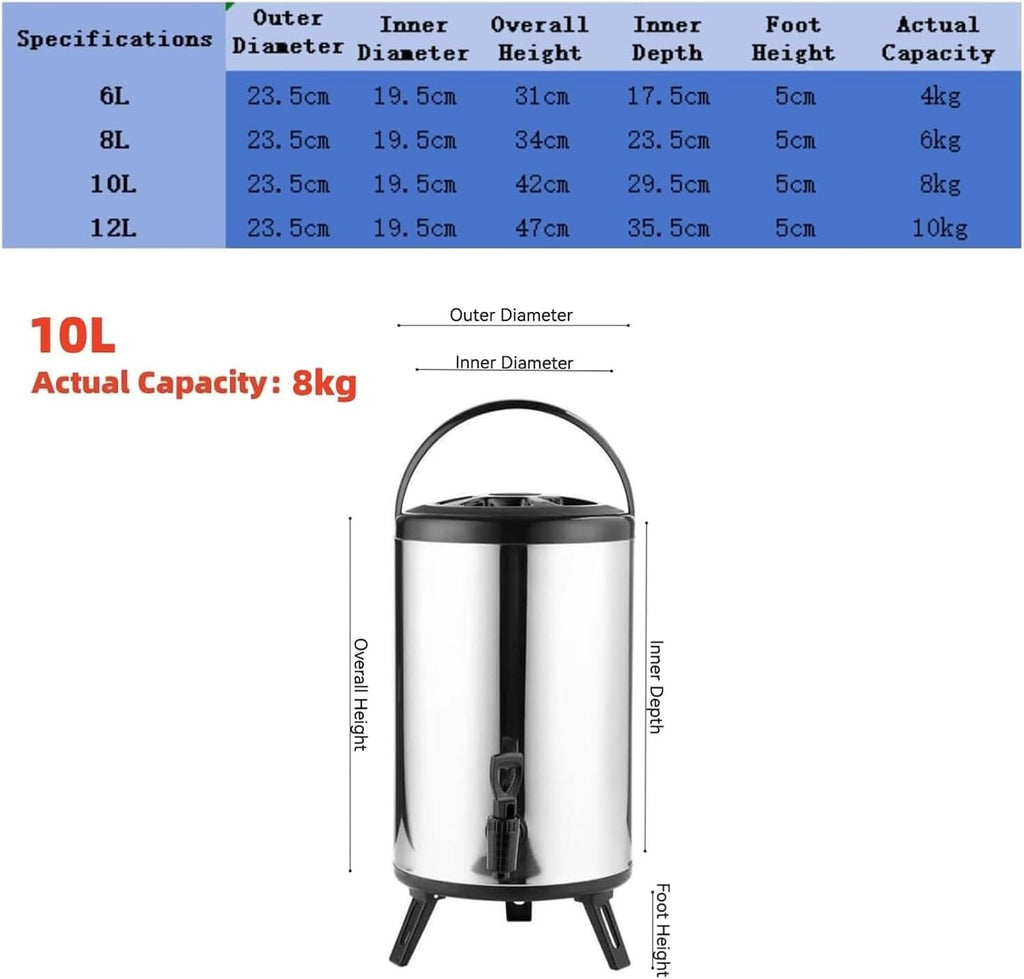 Stainless Steel Insulated Beverage Dispenser, 10L Double Walled Insulated Thermal Hot And Cold Drink Server Dispenser With Spigot Handle For Coffee Tea Milk Hot Water
