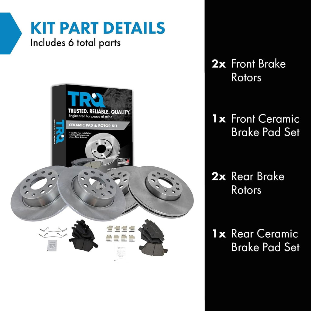 TRQ Front and Rear Ceramic Brake Pad and Rotor Set Compatible with 10-13 Audi A3 Quattro with 272mm Diameter Rear Rotors with 288mm Diameter Front Rotors, 12 Volkswagen Golf
