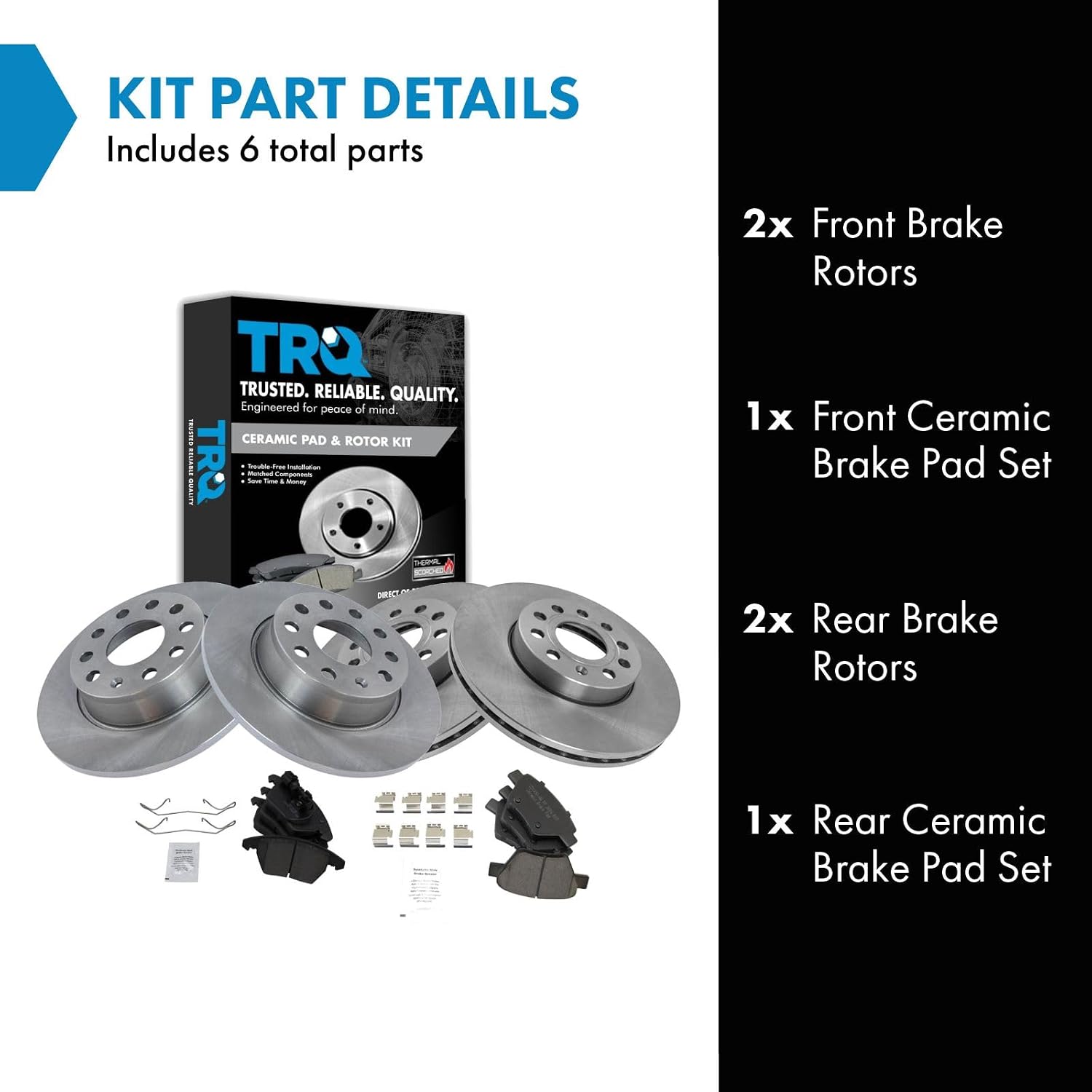 TRQ Front and Rear Ceramic Brake Pad and Rotor Set Compatible with 10-13 Audi A3 Quattro with 272mm Diameter Rear Rotors with 288mm Diameter Front Rotors, 12 Volkswagen Golf