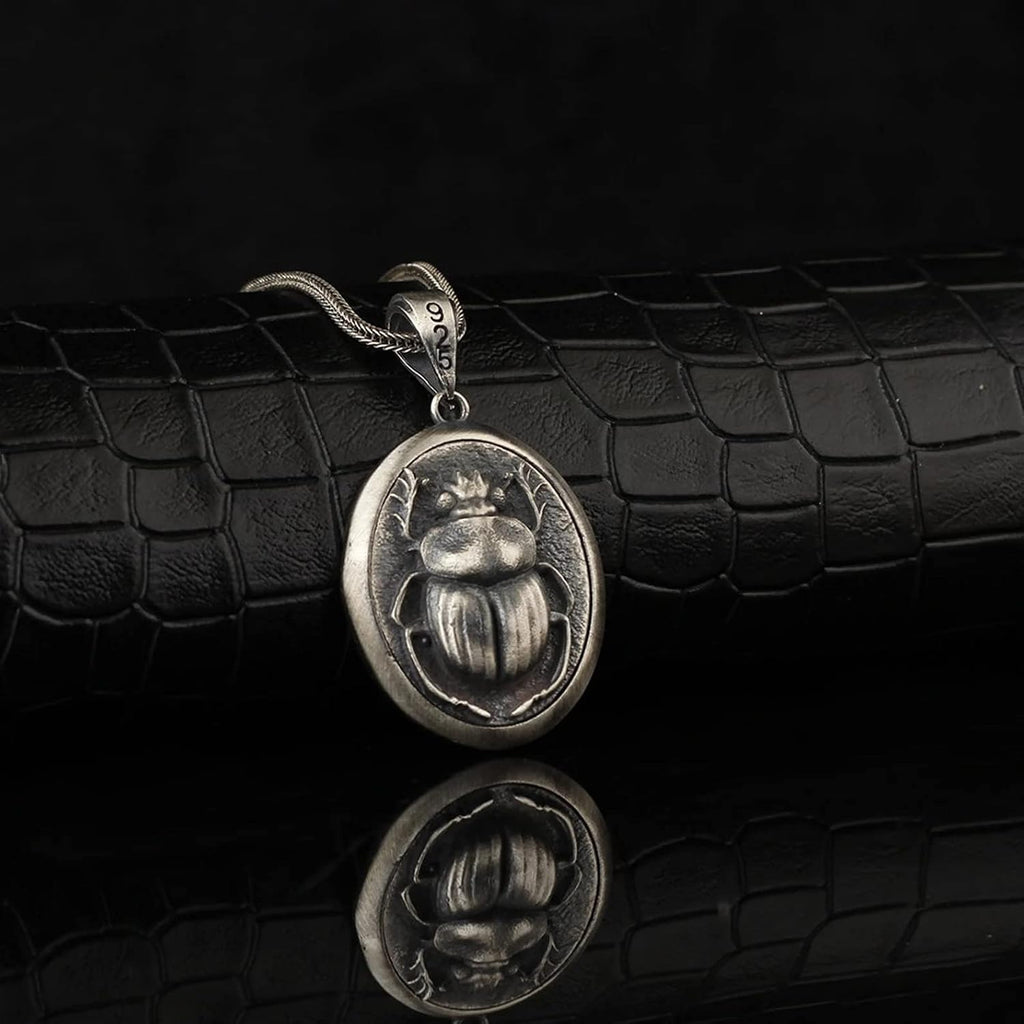 Scarab Medallion Sterling Silver, Beetle Necklace, Scarab Beatle Pendant, Scarab Totem Medallion, June Bug Necklace, Antique Scarab Necklace