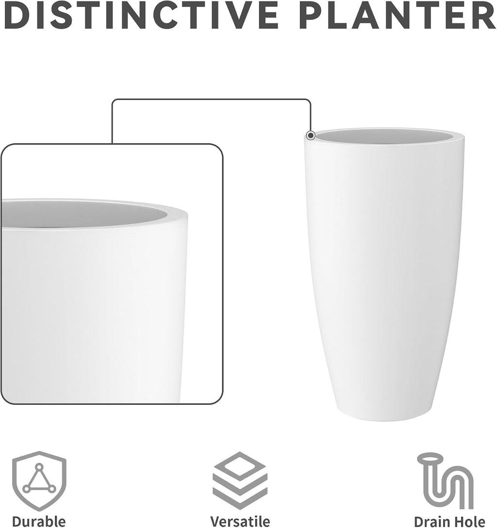 Kante 23.6' H Pure White Concrete Tall Planters (Set of 2), Large Outdoor Indoor Decorative Plant Pots with Drainage Hole and Rubber Plug, Modern Style for Home and Garden