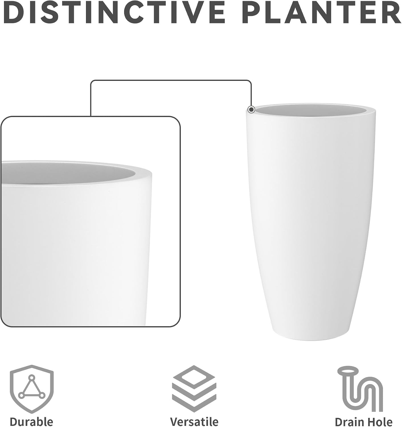 Kante 23.6' H Pure White Concrete Tall Planters (Set of 2), Large Outdoor Indoor Decorative Plant Pots with Drainage Hole and Rubber Plug, Modern Style for Home and Garden