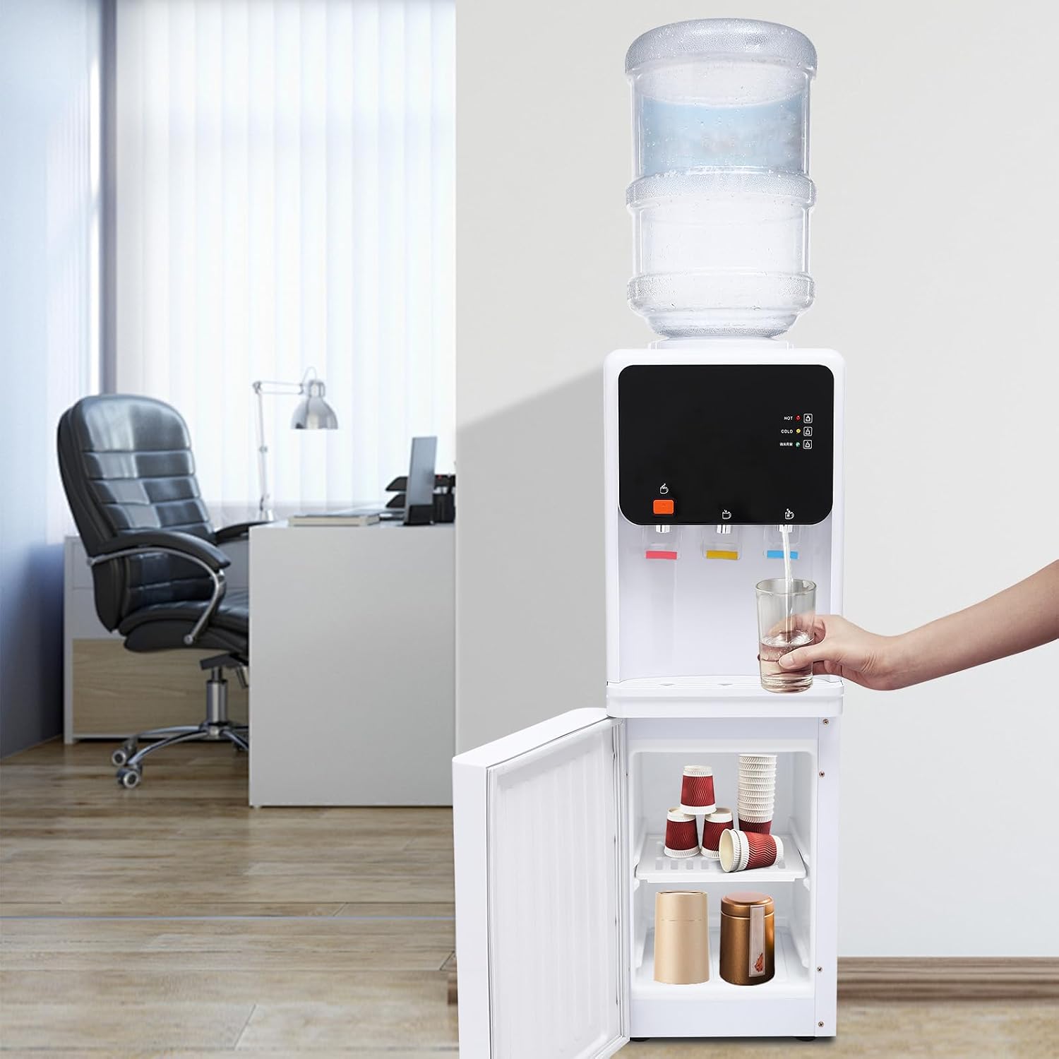 Electric Hot Water Dispenser, Water Cooler Dispenser for 1-4 Gallon Bottles, 3 Temperatures with Hot, Room & Cold Spouts, Water Cooler with Safety Lock, LED Display with Empty Bottle Alert