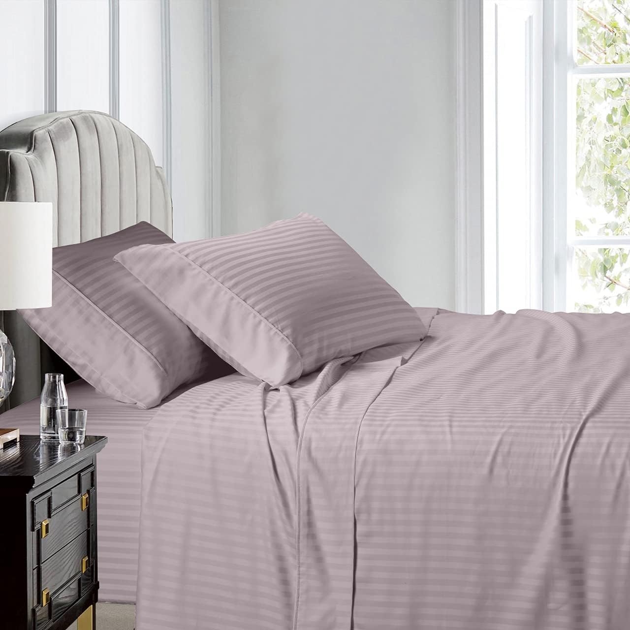 Royal Hotel Bedding Stripe Sheets - Split-King: Adjustable King Bed Sheets - 5PC Bed Sheet Set - 100% Cotton - 600 Thread Count - Deep Pocket, Split King, Lilac