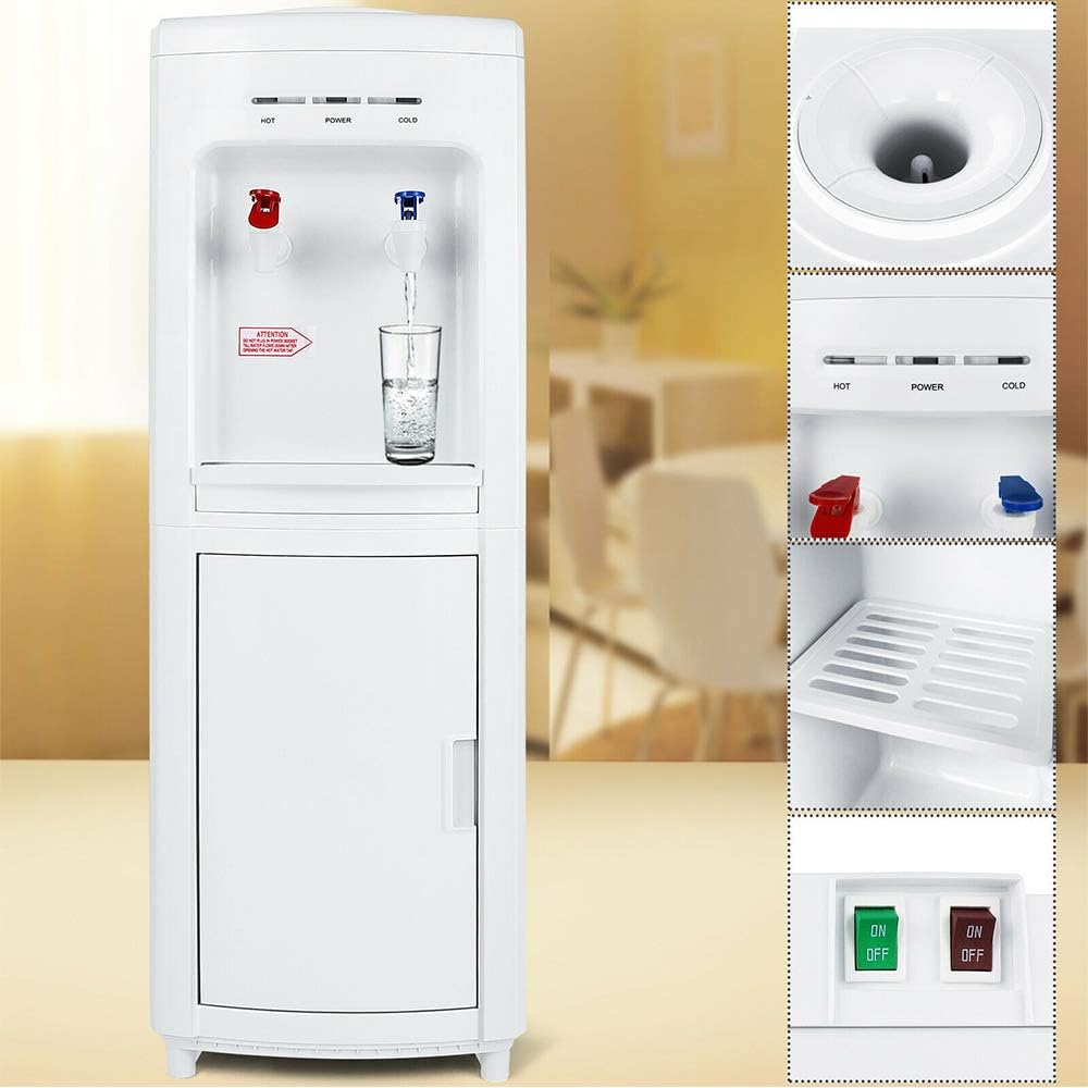 White Modern Top Loading Water Cooler Dispenser Freestanding 5 Gallon Cold Hot with Storage Cabinet Home Electric Countertop Office Plastic Stainless Steel 11.22'L x 11.42'W x 32.28'H
