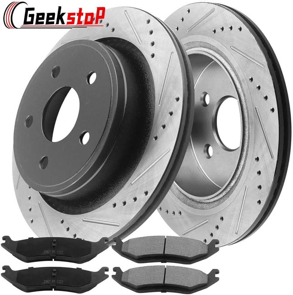Rear Brake Pads and Rotors Kit for 2005-2010 Dodge Ram 1500, 2011-2018 Ram 1500, 2004-2009 Dodge Durango, 2007-2009 Chrysler Aspen Ceramic Brake Pads Drilled and Slotted E-Coating Disc Brake Rotors